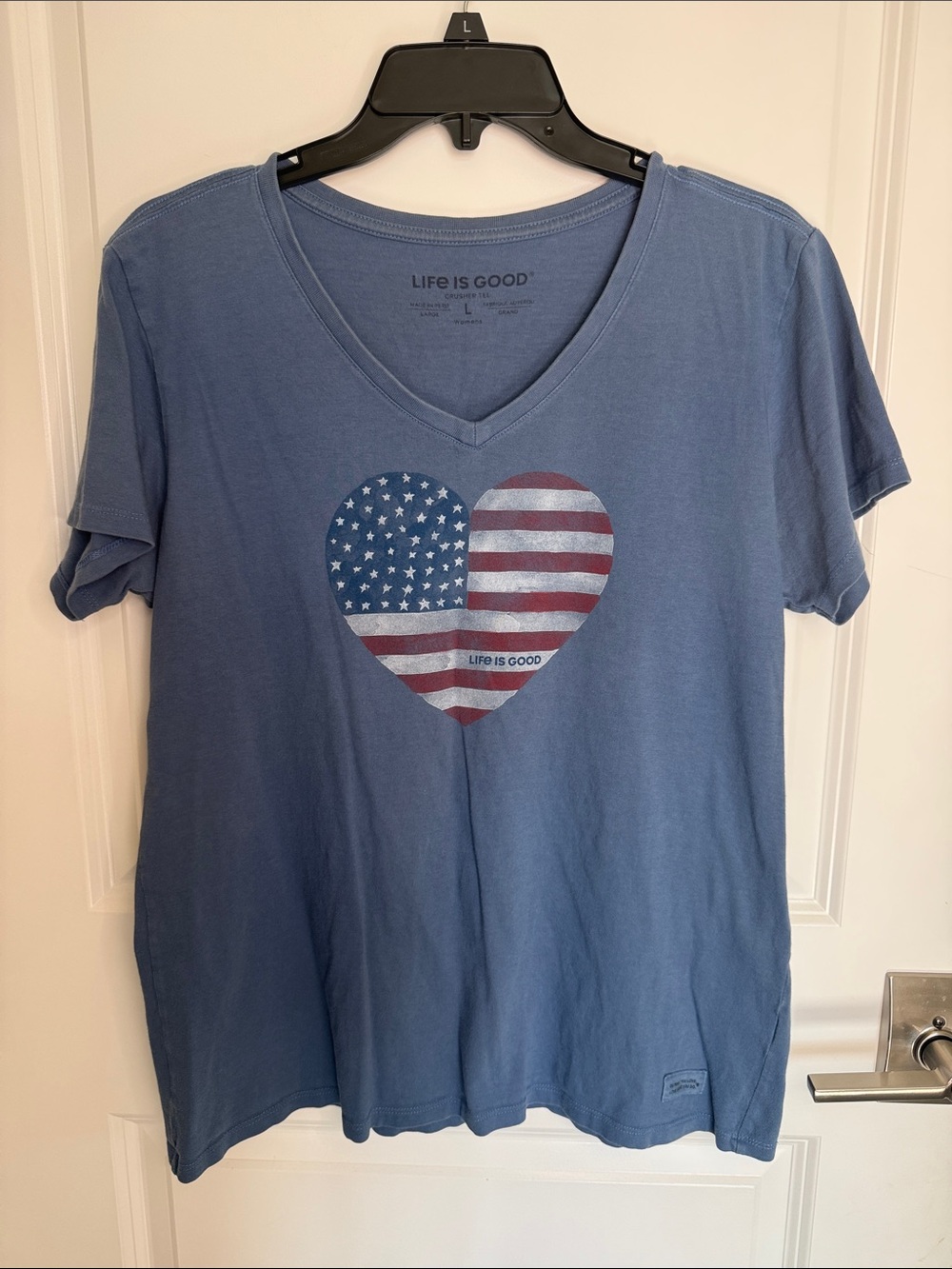 Life Is Good Blue V-Neck Tee with Flag Heart Graphic